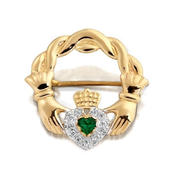 9ct Gold CZ Claddagh Brooch-BR1CZCL