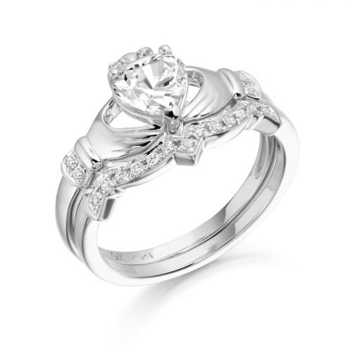 9ct White Gold CZ Claddagh Ring Set studded with Micro Pave stone setting - CL34WCL