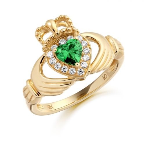 9K Gold CZ Emerald Claddagh Ring - CL28GCL