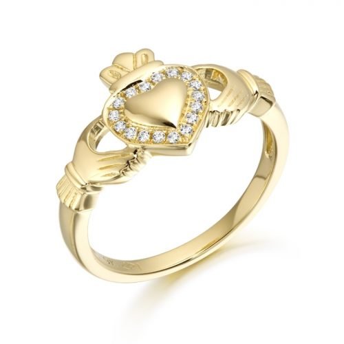 9ct Gold CZ Claddagh Ring with Puffed Heart studded with Micro Pave stone setting - CL32CL