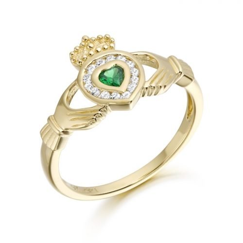 9ct Gold CZ Emerald Claddagh Ring - CL38CL