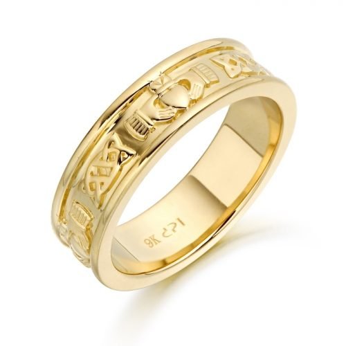 9ct Gold Claddagh Wedding Ring with embossed Claddagh and Celtic Motif - CL42CL