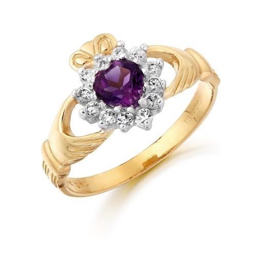 Claddagh Ring set with Amethyst in the centre and surrounded by Cubic Zirconia