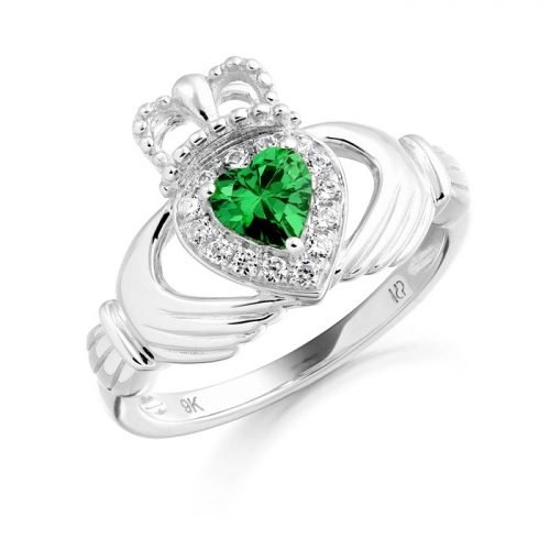 Silver Claddagh Ring studded with Micro Pave CZ Stone setting and synthetic Emerald.
