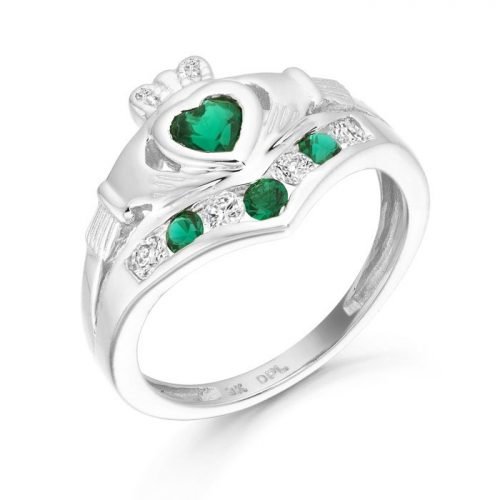 Ladies Silver Claddagh Ring studded with repeat pattern of CZ and synthetic Emerald - SCL29CL