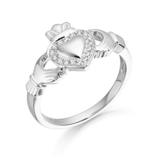 Silver CZ Claddagh Ring studded with Micro Pave stone setting.