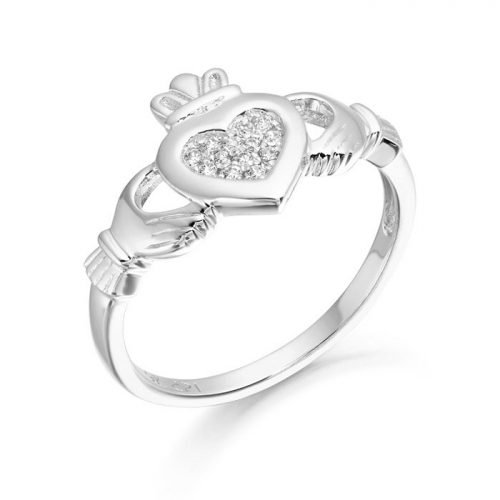 Silver CZ Claddagh Ring studded with Micro Pave stone setting.