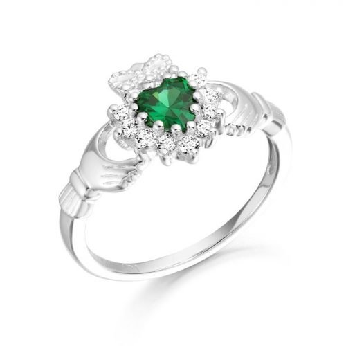 Silver Claddagh Ring studded Cubic Zirconia and CZ Emerald.
