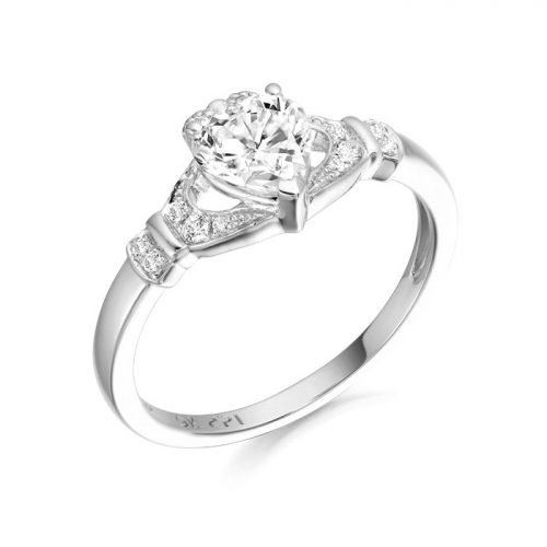 Silver Claddagh Ring Emblem with Micro Pave CZ Stone setting.