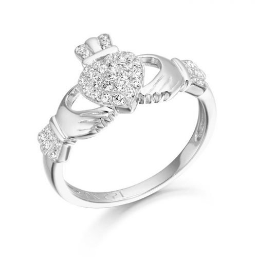 Silver Claddagh Ring Emblem with Micro Pave CZ Stone setting.
