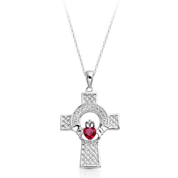 Ruby CZ Silver Claddagh Cross-SC126RCL