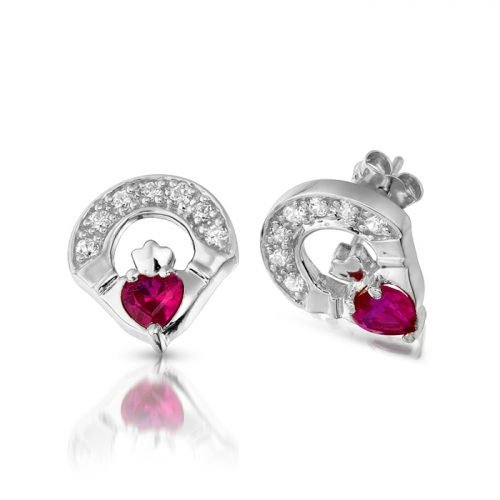 Silver Claddagh Earrings with Ruby. Irish Jewelry