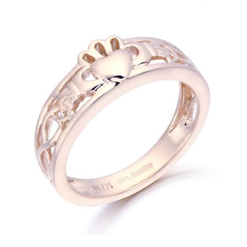 9ct Rose Gold Claddagh Ring with Celtic Knot Design.