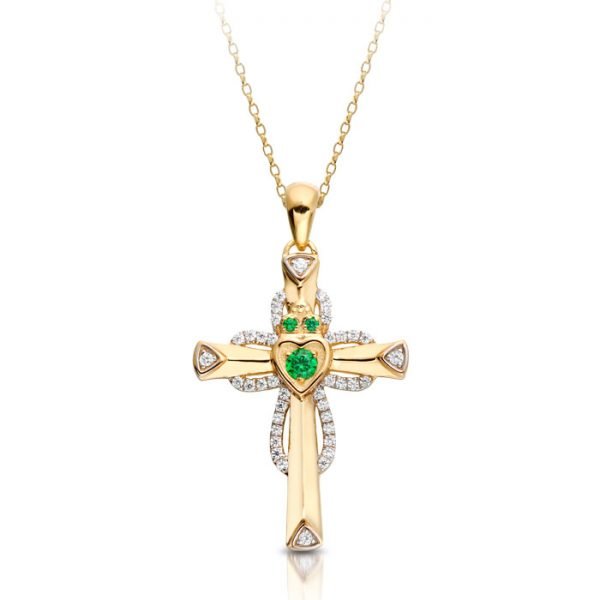 Yellow Gold CZ Claddagh Cross Pendant-C140CL