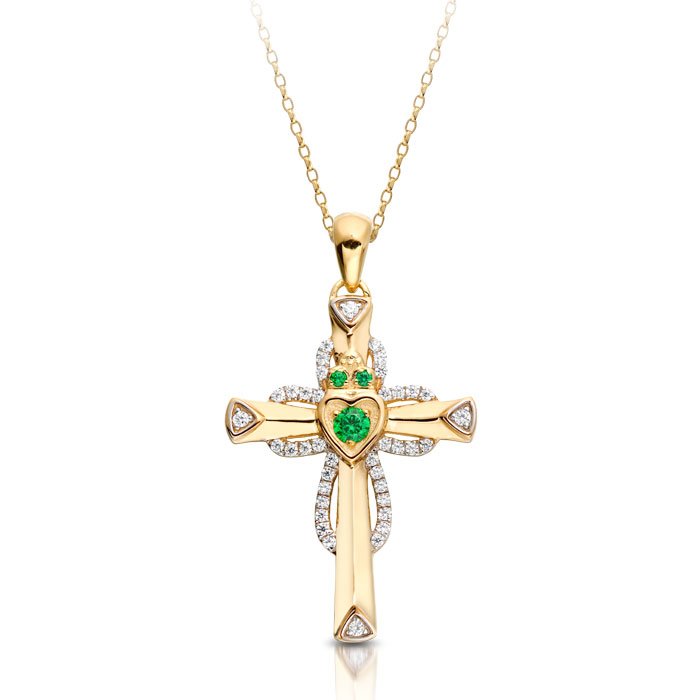 Yellow Gold Claddagh Cross Pendant. Finest Quality Irish Jewelry.