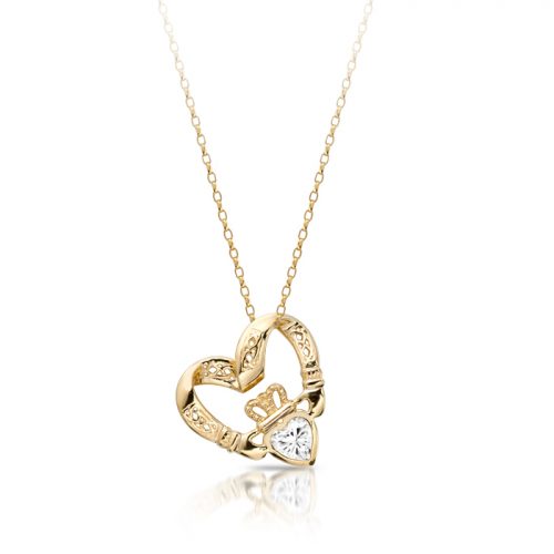 9ct Gold Floating Heart CZ Claddagh Pendant combined with Celtic Knot Design - P058CZS