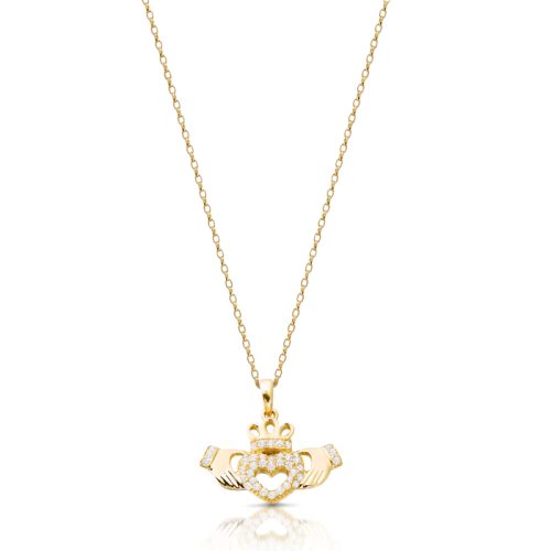 9ct Gold CZ Claddagh Pendant-P059CL