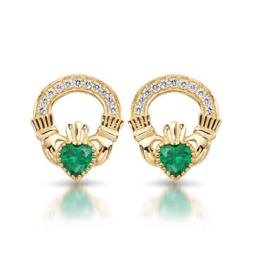 9ct Gold CZ Emerald Claddagh Earrings-E188GCL