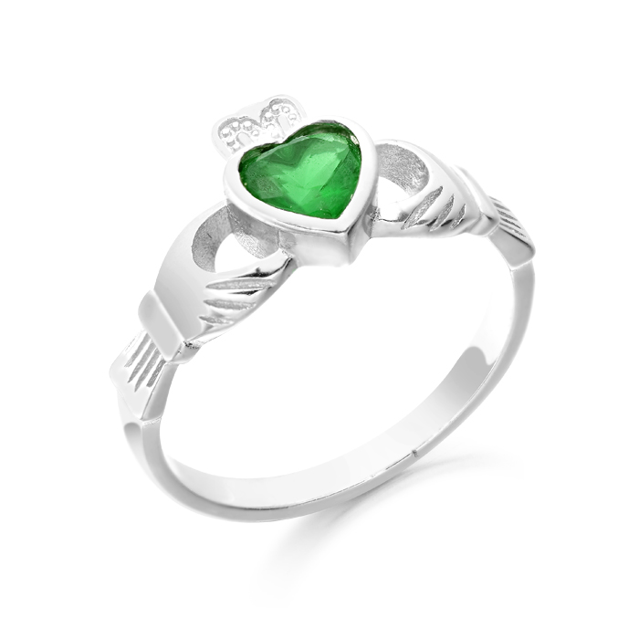 Sterling silver claddagh necklace with emerald green heart shaped ston –  Foxford Jewellery