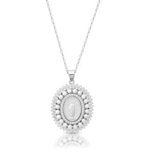 Silver CZ Miraculous Medal with Silver Pearls -SM46CL