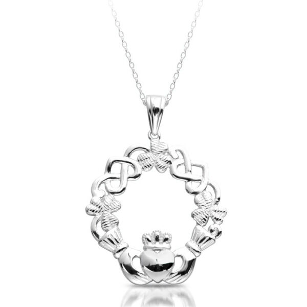 Silver Claddagh Pendant incorporated with Celtic Knot Design and Shamrock-SP056CL