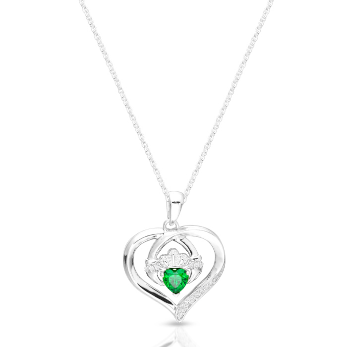 Silver Heart Shape Claddagh Pendant enhanced with glistening Cubic Zirconia Emerald embellished Heart-SP064CL